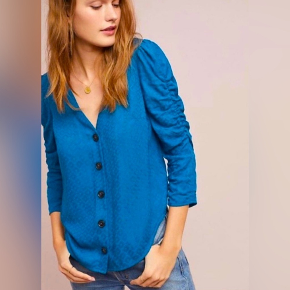 Maeve Anthropologie Teal Jourdain Knit Button Down Scrunch Sleeve Top 6